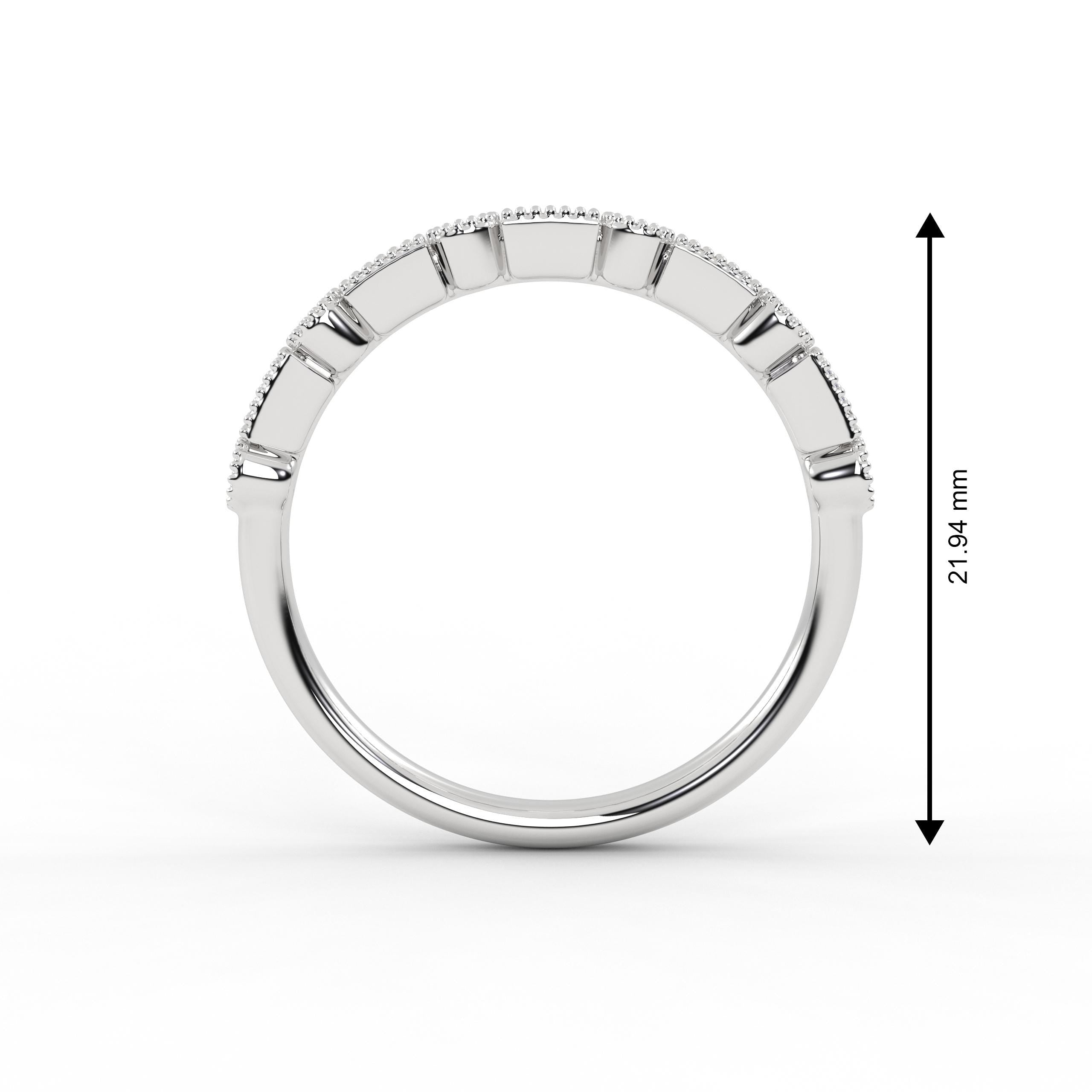 14k Gold Baguette & Round Lab Grown Diamond Ring: Milgrain Bezel Half Eternity