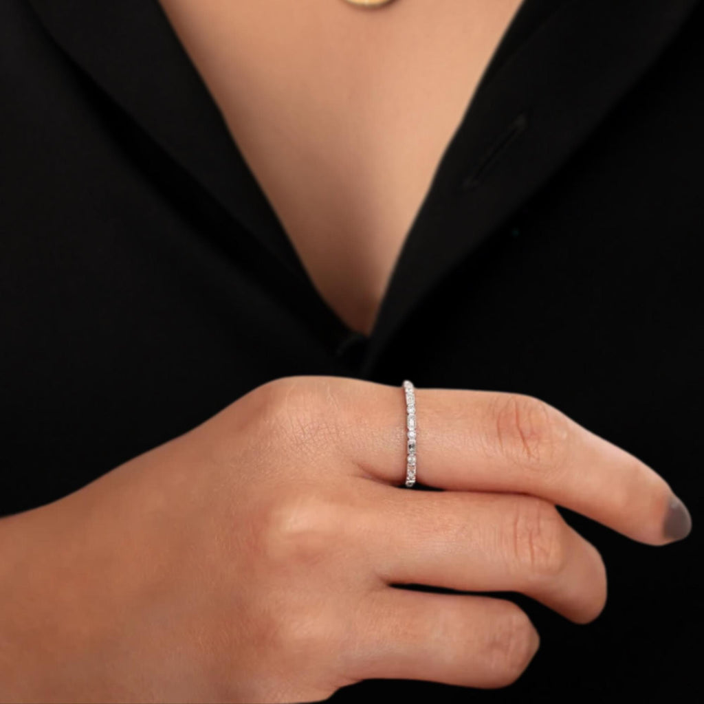 14k Gold Baguette & Round Lab Grown Diamond Ring: Milgrain Bezel Half Eternity