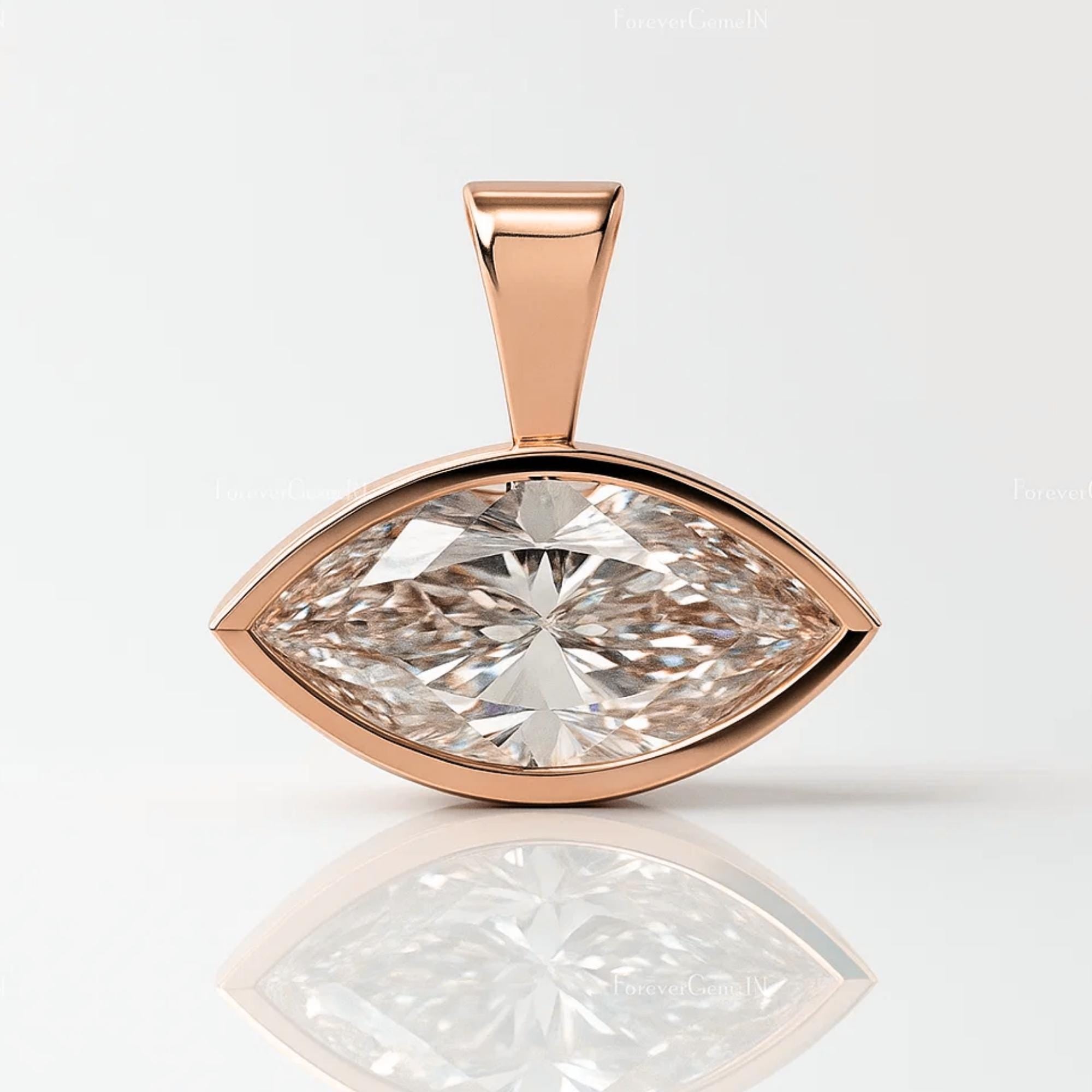 14K Solid Gold East West Marquise Cut Lab Grown Diamond Wedding Pendant For Women