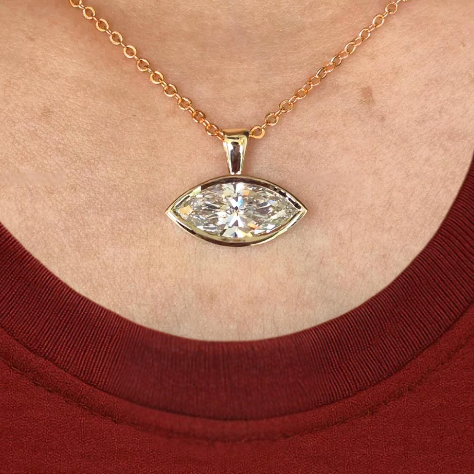 14K Solid Gold East West Marquise Cut Lab Grown Diamond Wedding Pendant For Women