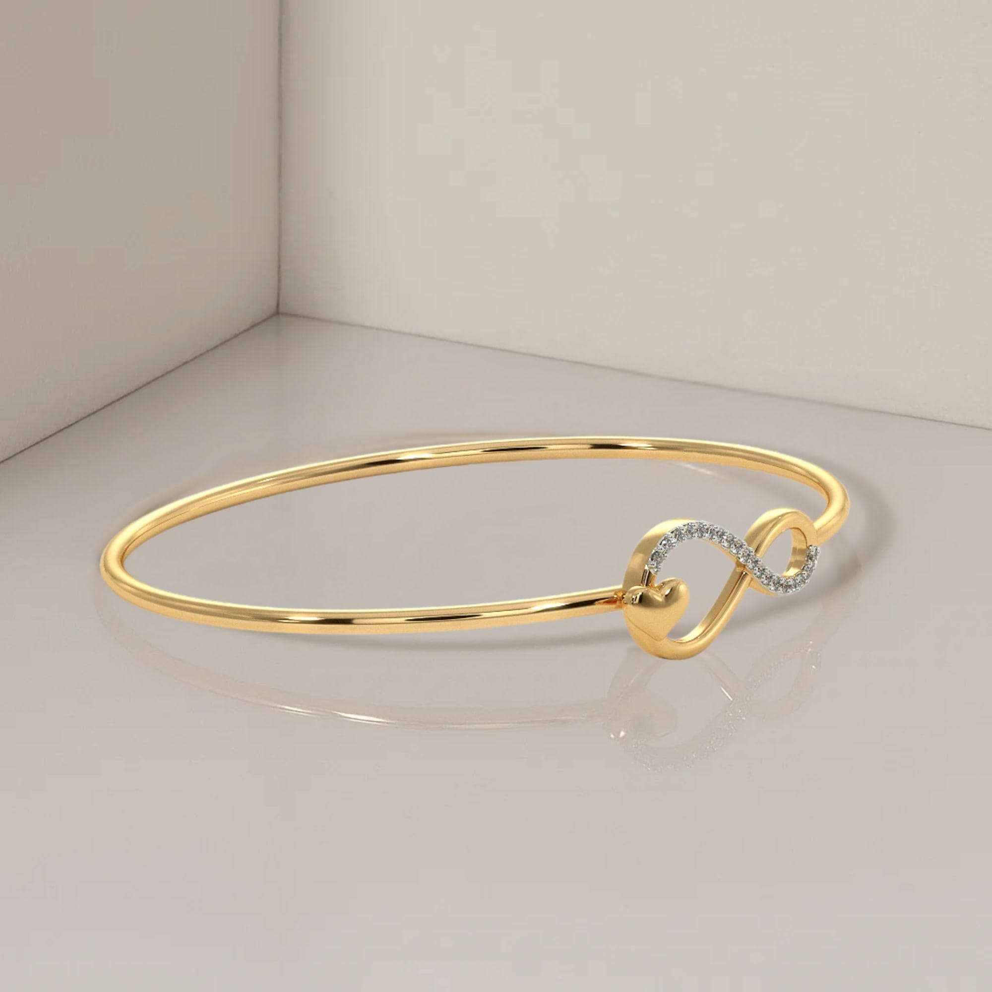 14K Gold Diamond Heart Bracelet, Handmade Lab Grown Diamond Infinity Bangle, Valentine's Gift