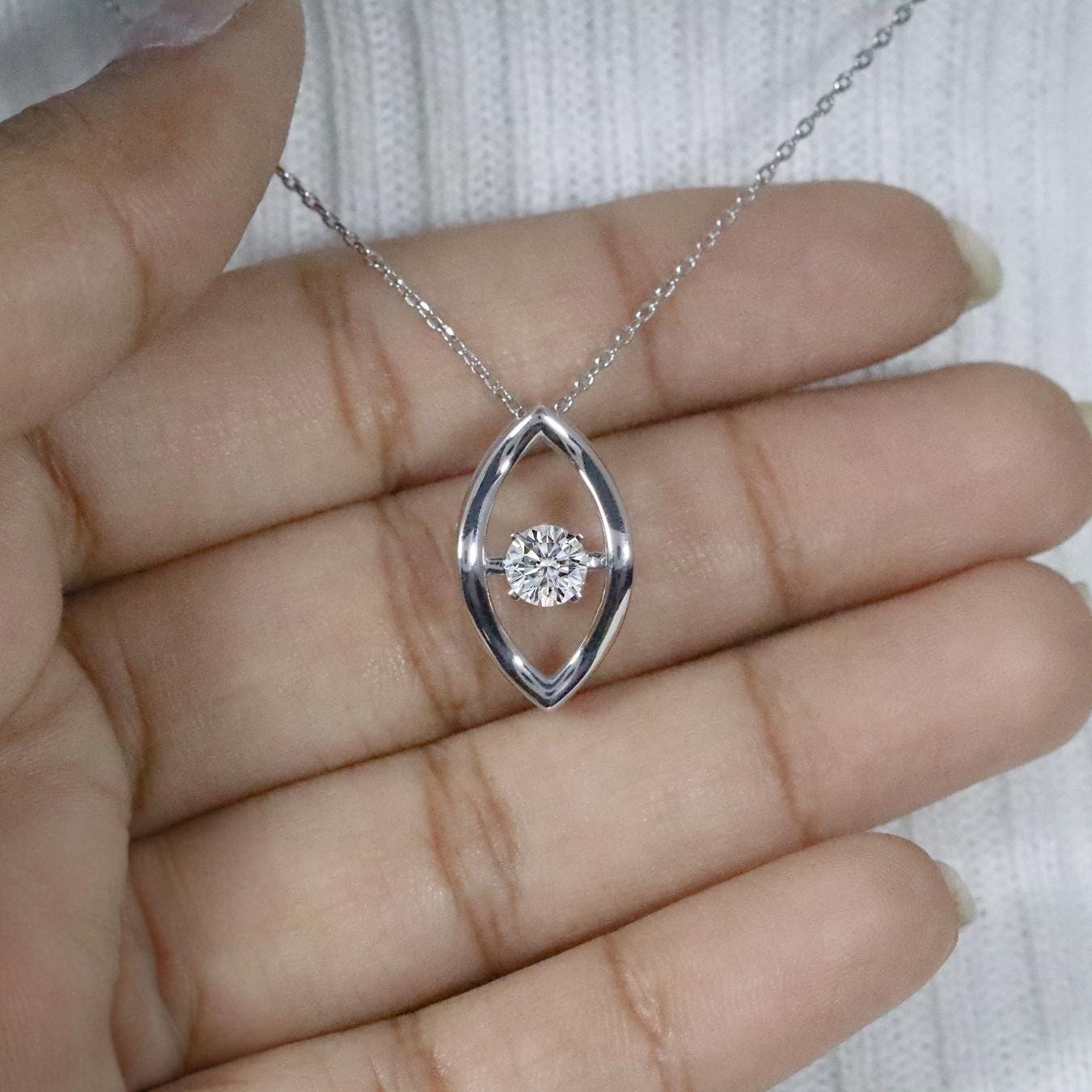 14k Solid Gold Moving Diamond Necklace, Floating Diamond Necklace, Dancing Diamond Marquise Shape Design Pendant Necklace Fine Jewelry Mom