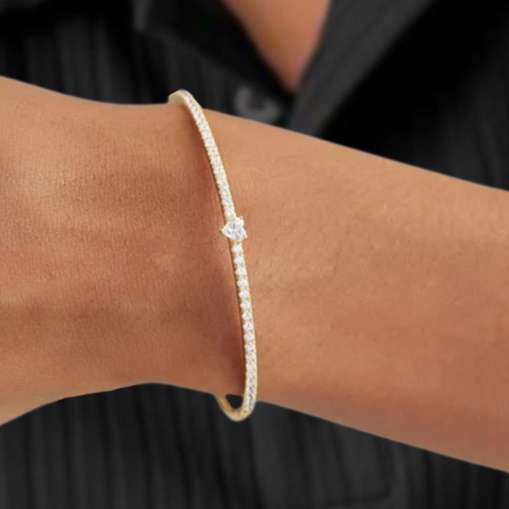 14K Diamond Bangle Bracelet, Heart Diamond Stacking Bracelet, Diamond and Gold Bracelet, Round Pave Diamond Bracelet Bangle, Birthday Gift