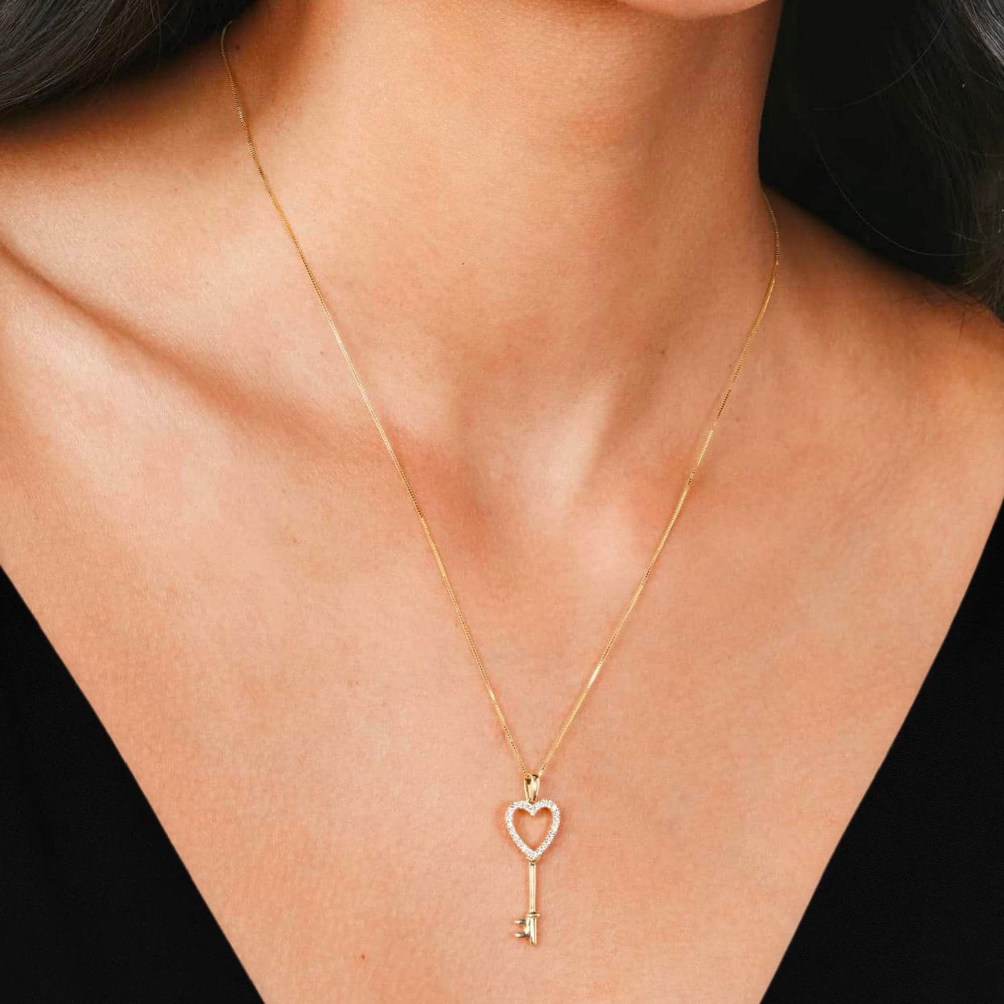 Diamond Heart Key Pendant Necklace in 14k Gold, Modern Heart and Key Charm Sparkling Lab Grown Diamond Heart Key Pendant, Unique Key Pendant