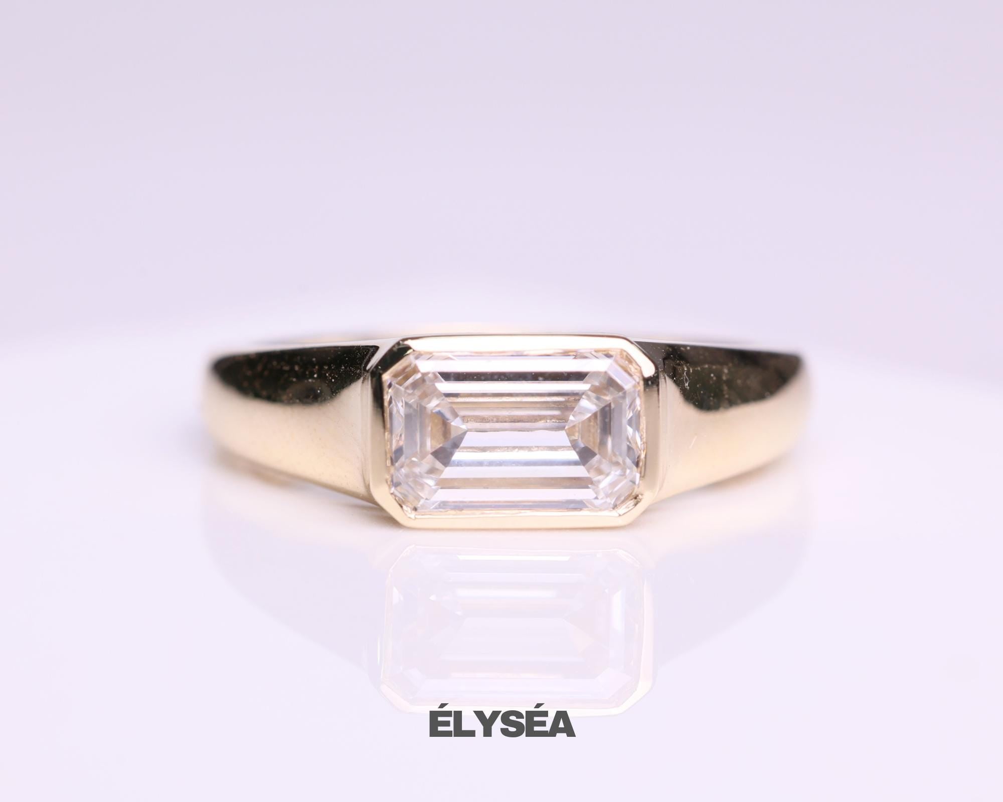 Emerald Cut Lab Grown Diamond Signet Ring, 14K Gold Bezel Set Dainty Engagement Ring, Minimalist Stackable Promise Ring, Birthday