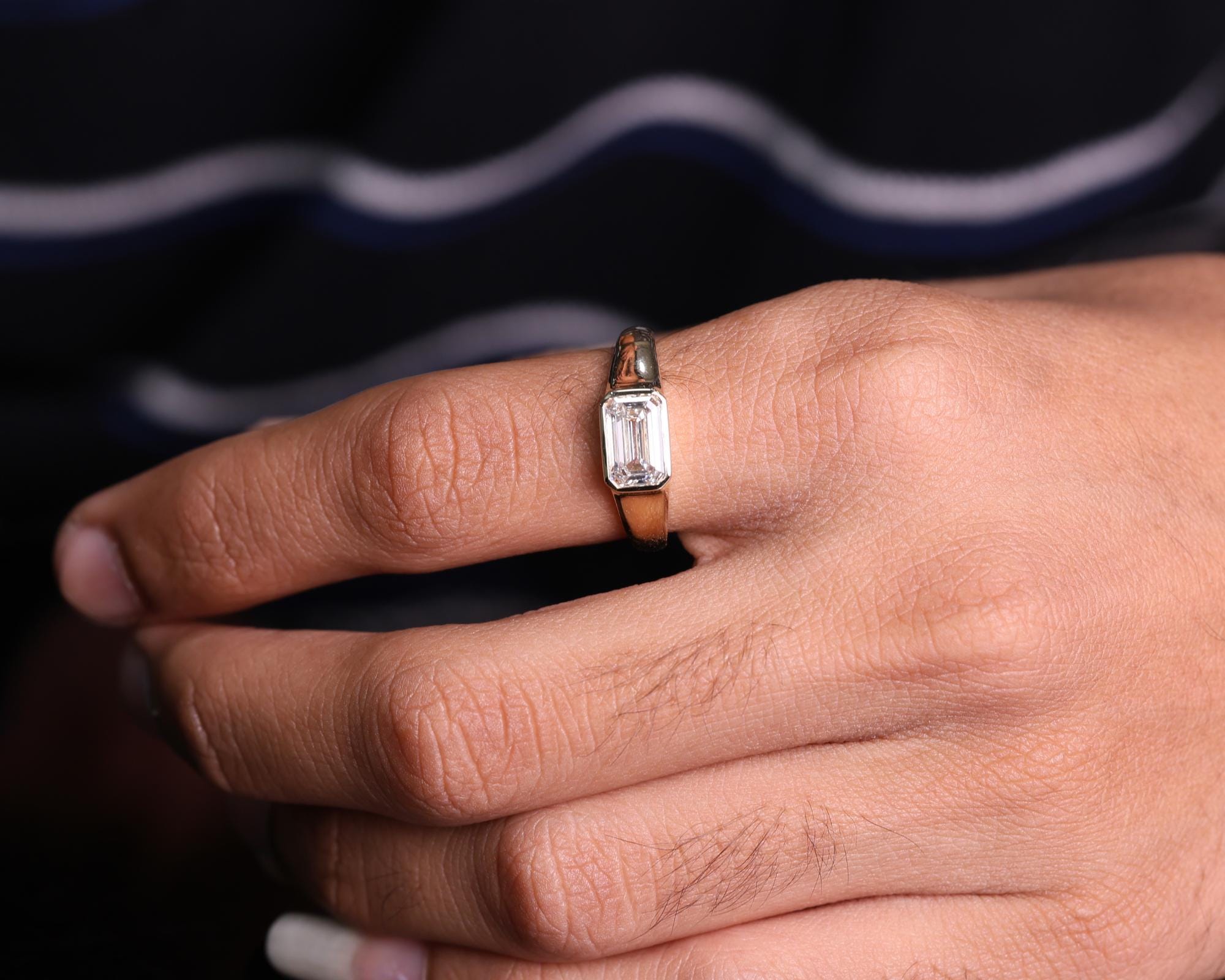 Emerald Cut Lab Grown Diamond Signet Ring, 14K Gold Bezel Set Dainty Engagement Ring, Minimalist Stackable Promise Ring, Birthday