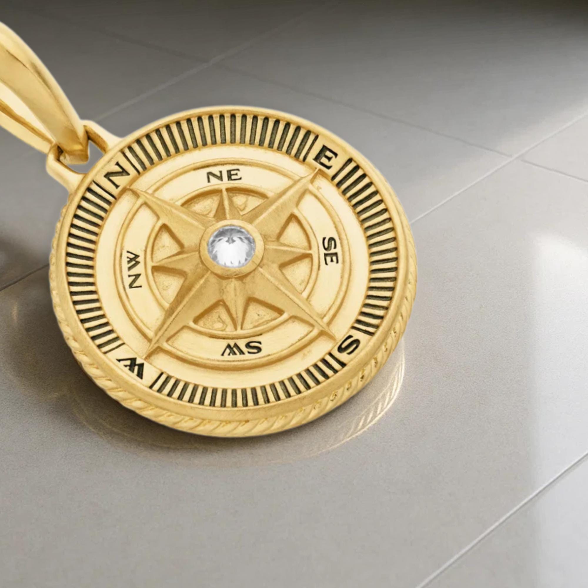 14K Solid Gold Compass Medallion Pendant, Lab Grown Diamond Nautical Directional Jewelry, Gift for Travelers & Adventurers