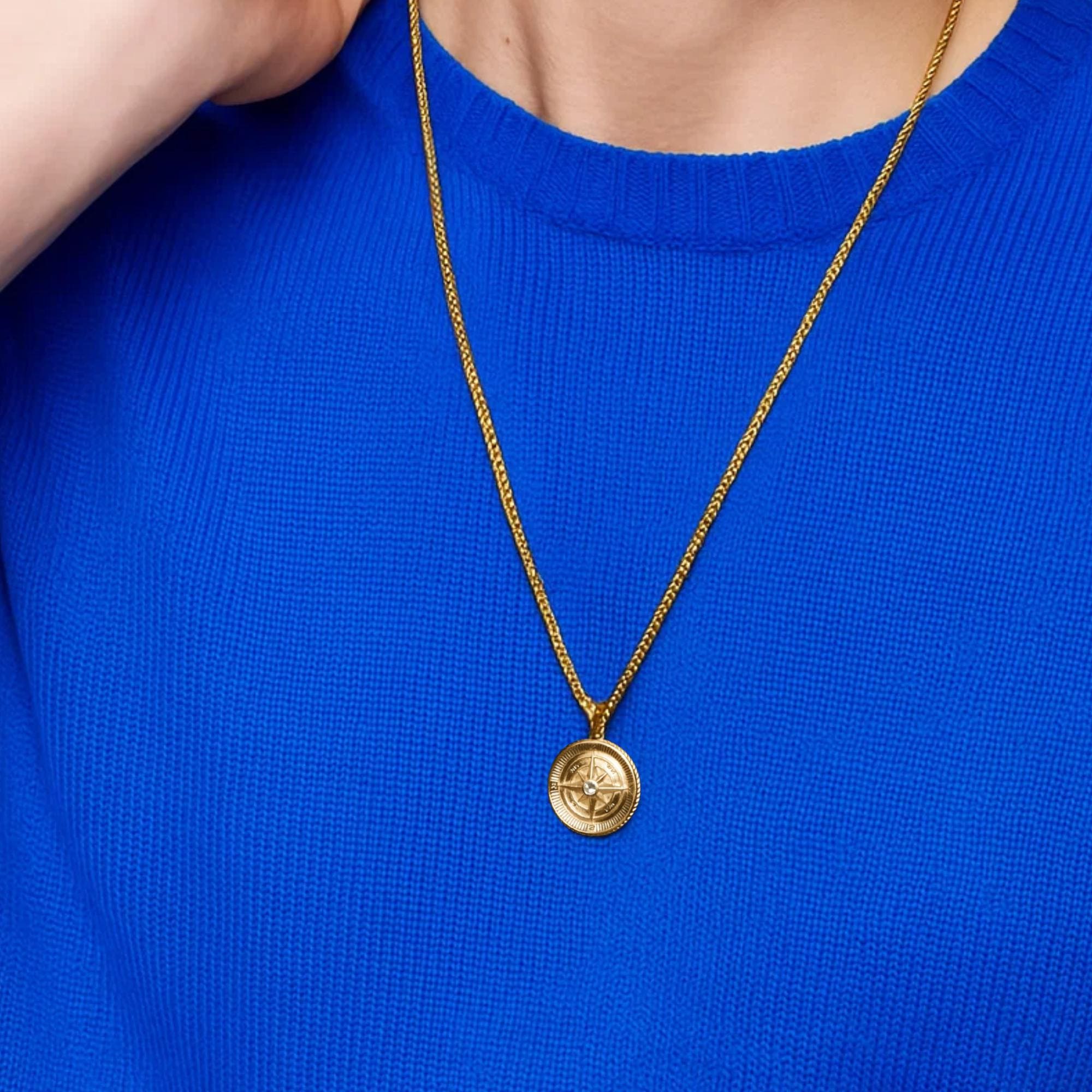 14K Solid Gold Compass Medallion Pendant, Lab Grown Diamond Nautical Directional Jewelry, Gift for Travelers & Adventurers