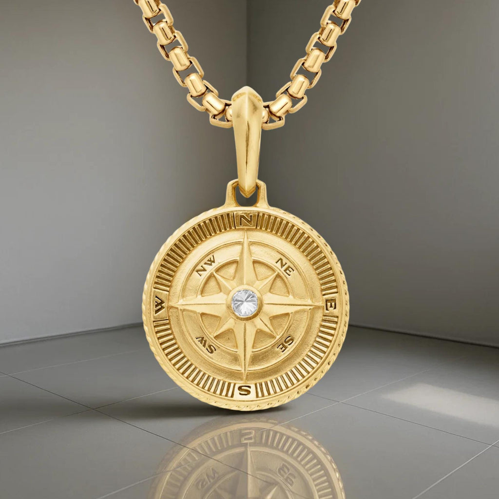 14K Solid Gold Compass Medallion Pendant, Lab Grown Diamond Nautical Directional Jewelry, Gift for Travelers & Adventurers