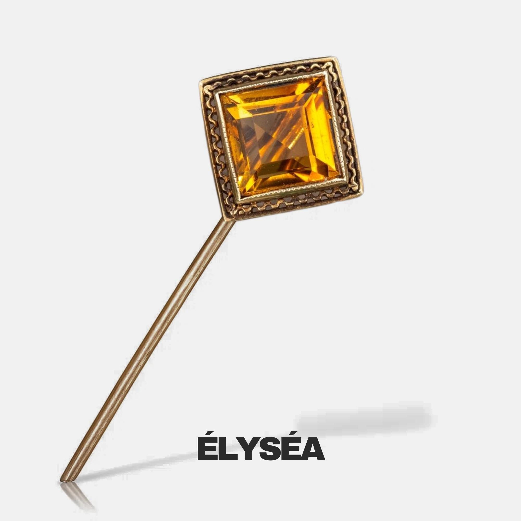 Vintage Victorian Citrine Brooch Stick Pin 14K Solid Gold, Unisex Handmade Luxury Gift For Women/Men