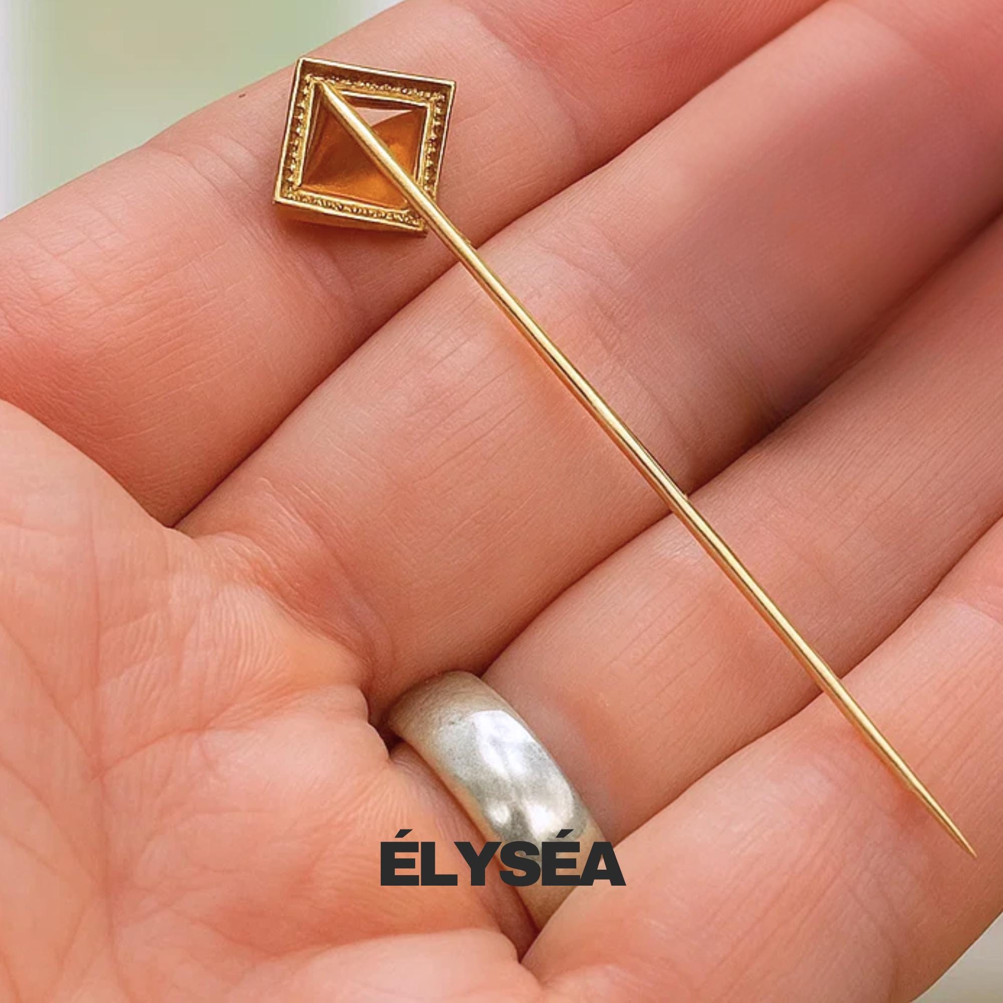 Vintage Victorian Citrine Brooch Stick Pin 14K Solid Gold, Unisex Handmade Luxury Gift For Women/Men