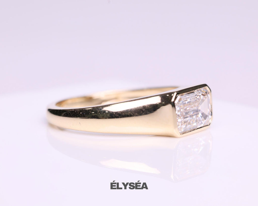 Emerald Cut Lab Grown Diamond Signet Ring, 14K Gold Bezel Set Dainty Engagement Ring, Minimalist Stackable Promise Ring, Birthday