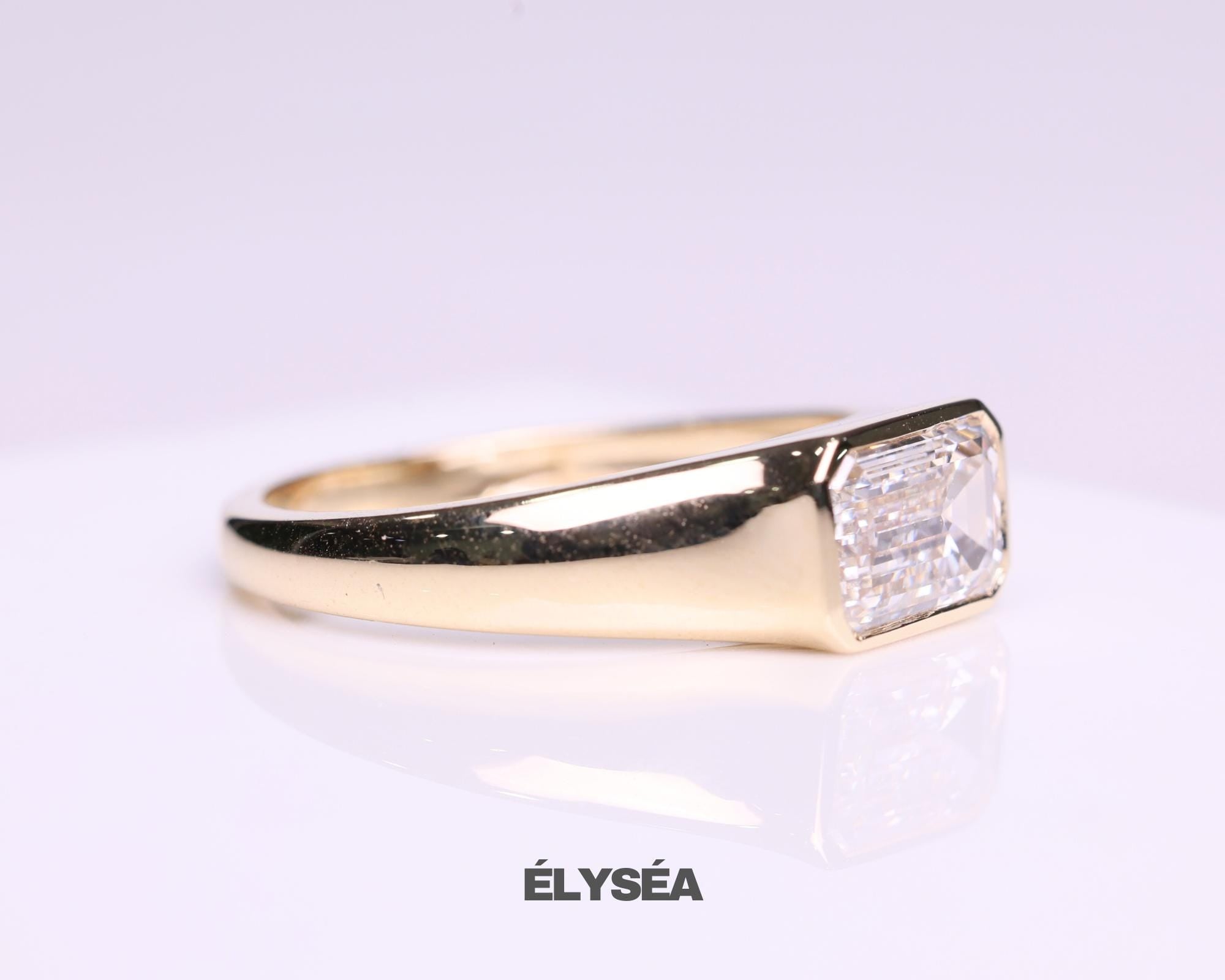 Emerald Cut Lab Grown Diamond Signet Ring, 14K Gold Bezel Set Dainty Engagement Ring, Minimalist Stackable Promise Ring, Birthday