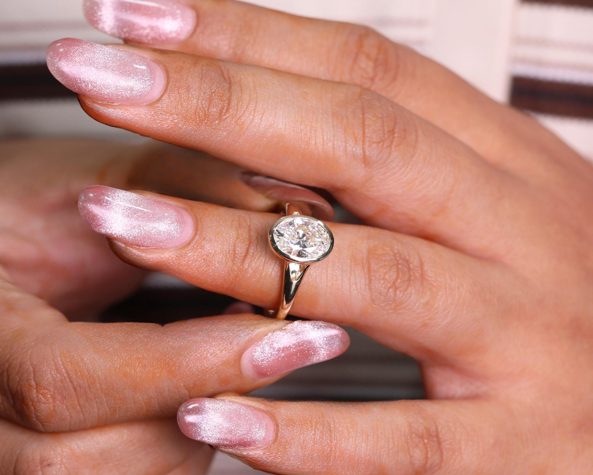 2 Carat Oval Lab Grown Diamond Solitaire Ring / Bezel Set CVD Diamond Engagement Ring