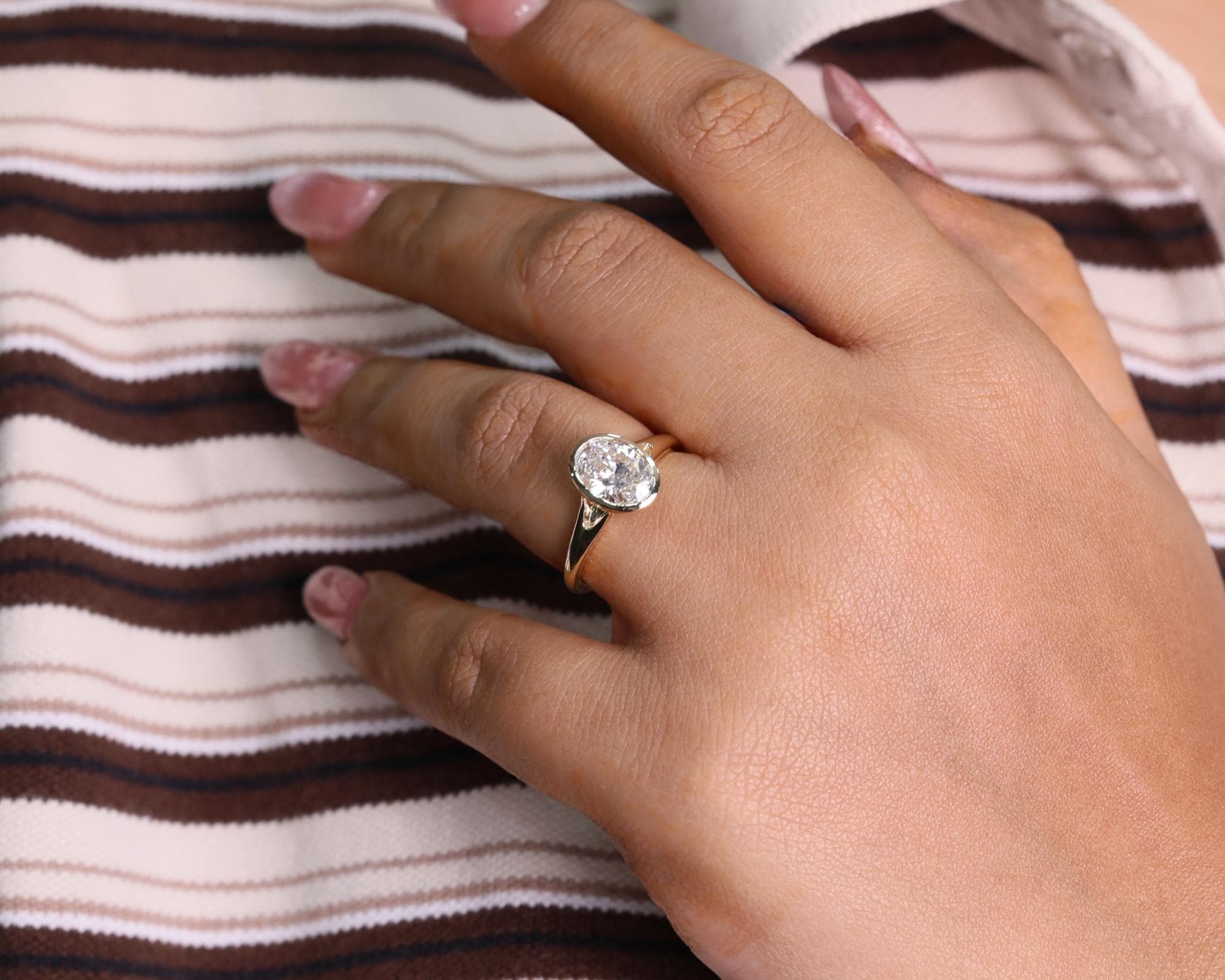 2 Carat Oval Lab Grown Diamond Solitaire Ring / Bezel Set CVD Diamond Engagement Ring