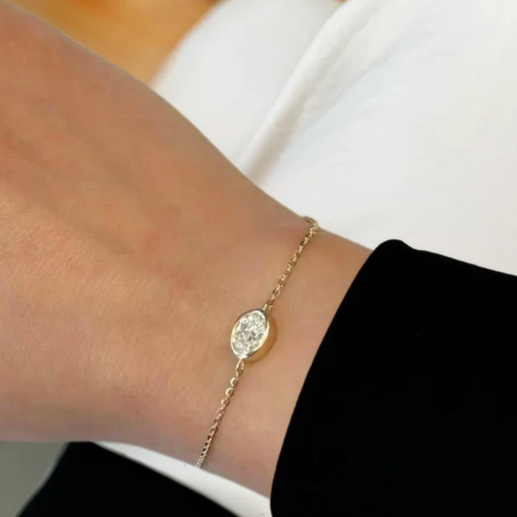 14K Gold Bezel Setting Diamond Bracelet for Women / Oval Cut Solitaire Lab Diamond Bracelet 1.00 Ct