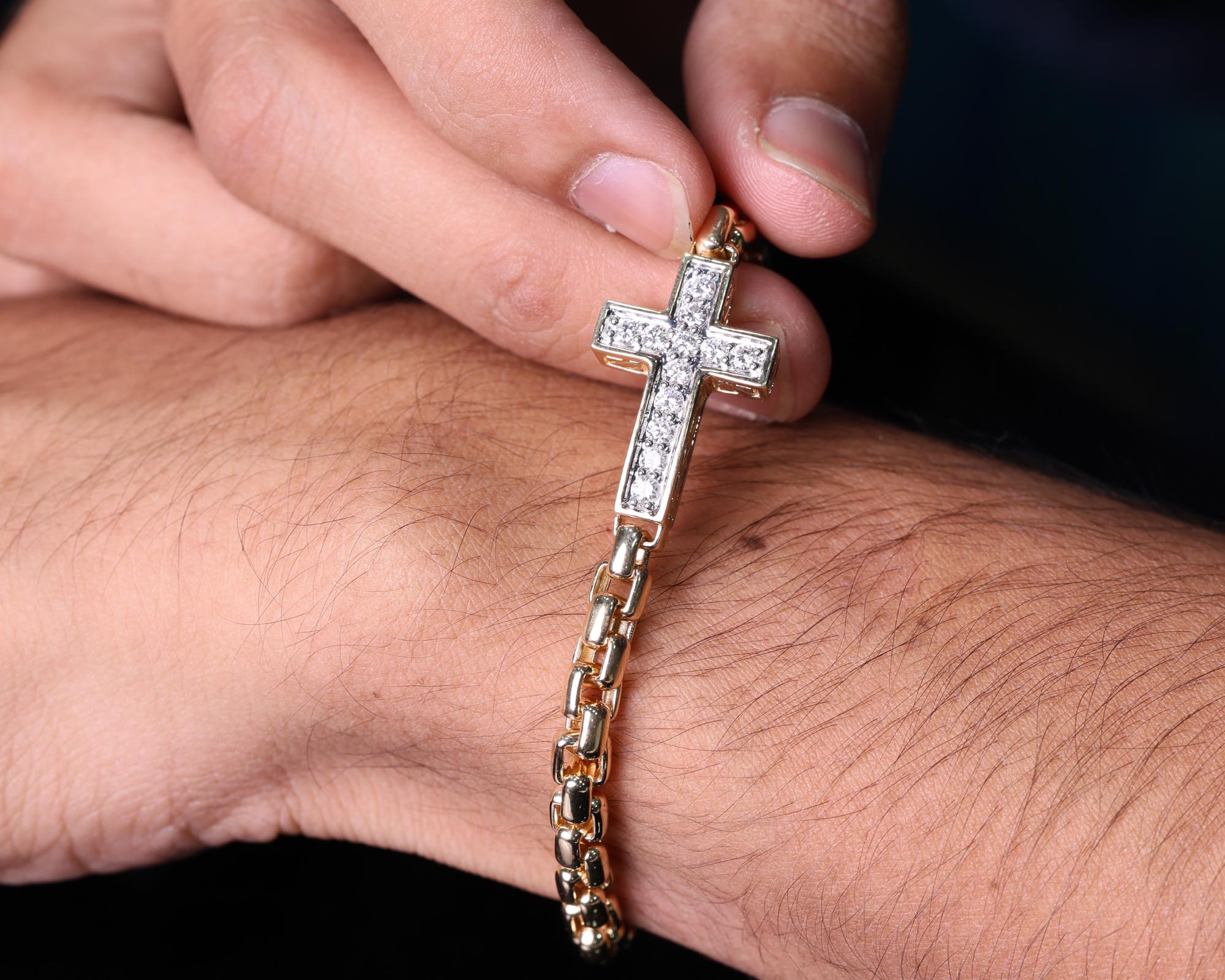 14K Solid Gold Diamond Cross Bracelet| Religious Jewelry| Baptism Gift| Christian Bracelet| Protective Bracelet|Gifts for Him| Diamond Cross