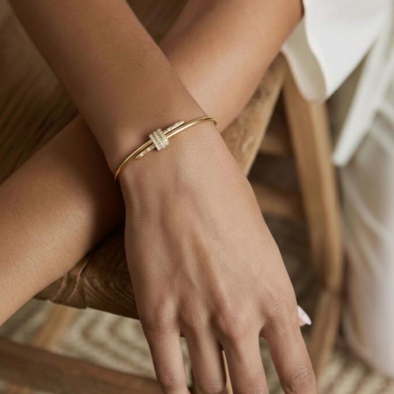 Solid Gold Bangle Bracelet for Women, Round Cut Diamond Bracelet Bangle, Gold Latch Bracelet, Diamond Bangle Bracelet, Gift For Her