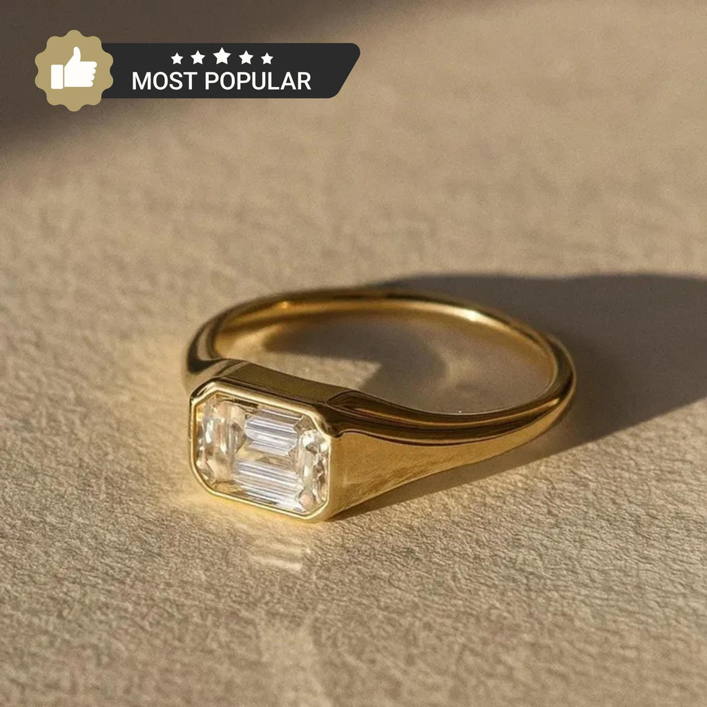 Emerald Cut Lab Grown Diamond Signet Ring, 14K Gold Bezel Set Dainty Engagement Ring, Minimalist Stackable Promise Ring, Birthday