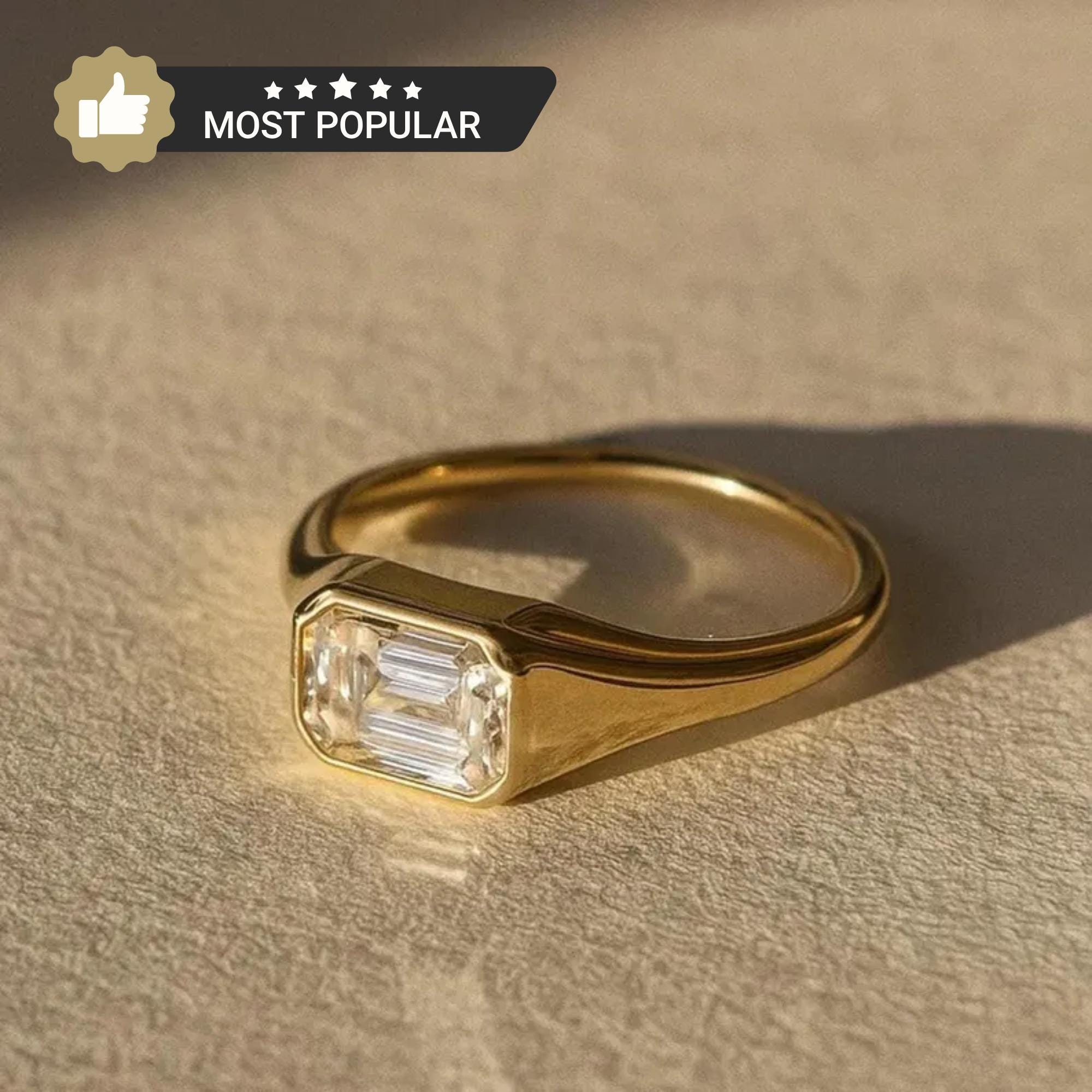 Emerald Cut Lab Grown Diamond Signet Ring, 14K Gold Bezel Set Dainty Engagement Ring, Minimalist Stackable Promise Ring, Birthday