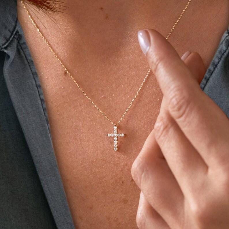 14K Solid Gold Diamond Cross Necklace: Religious Baptism Gift