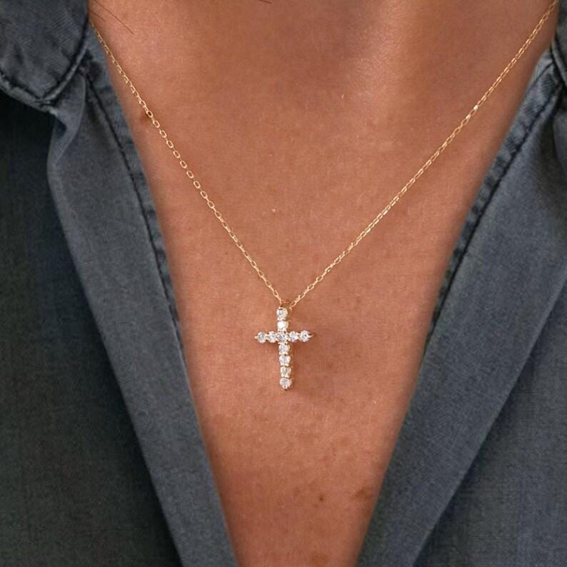 14K Solid Gold Diamond Cross Necklace: Religious Baptism Gift