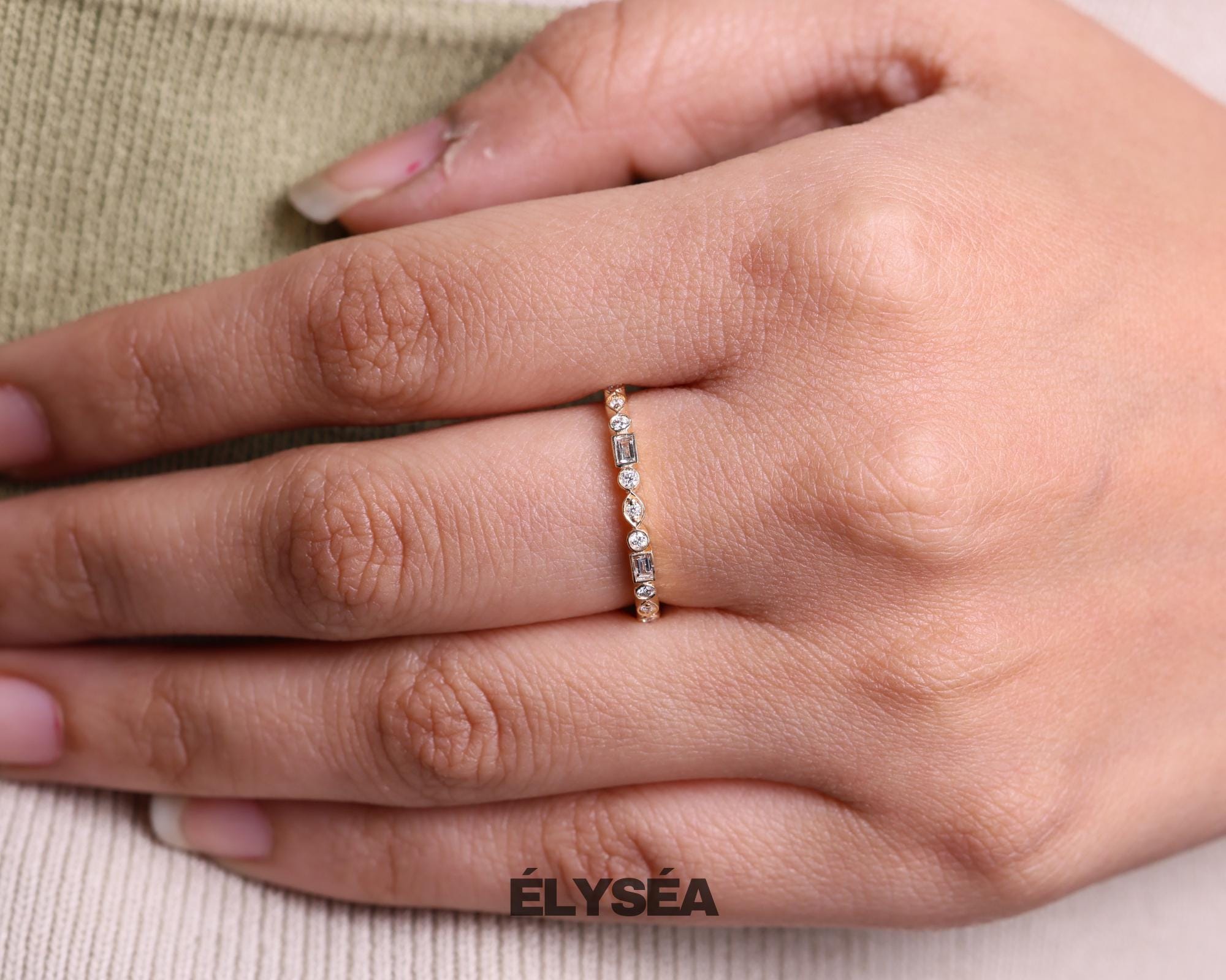 14K Gold 0.17 ctw Baguette & Round Cut Bezel Set Half Eternity Lab Grown Diamond Wedding Band, Bridal Ring