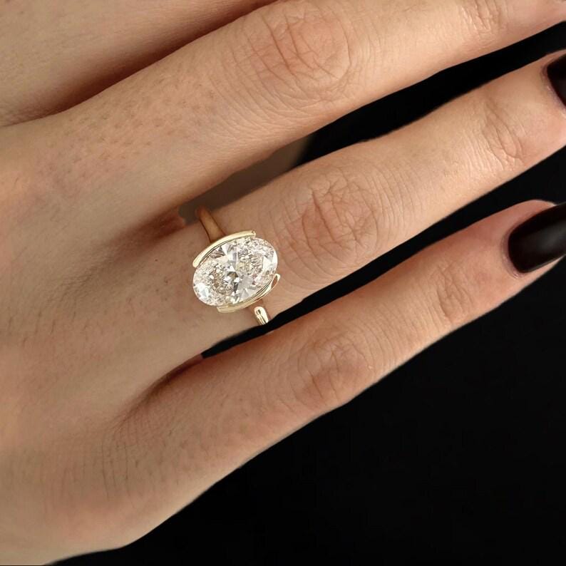 2 Carat Oval Lab Grown Diamond Half Bezel Solitaire Ring / 14K Gold Unique Oval Diamond Ring, Dainty Engagement Ring
