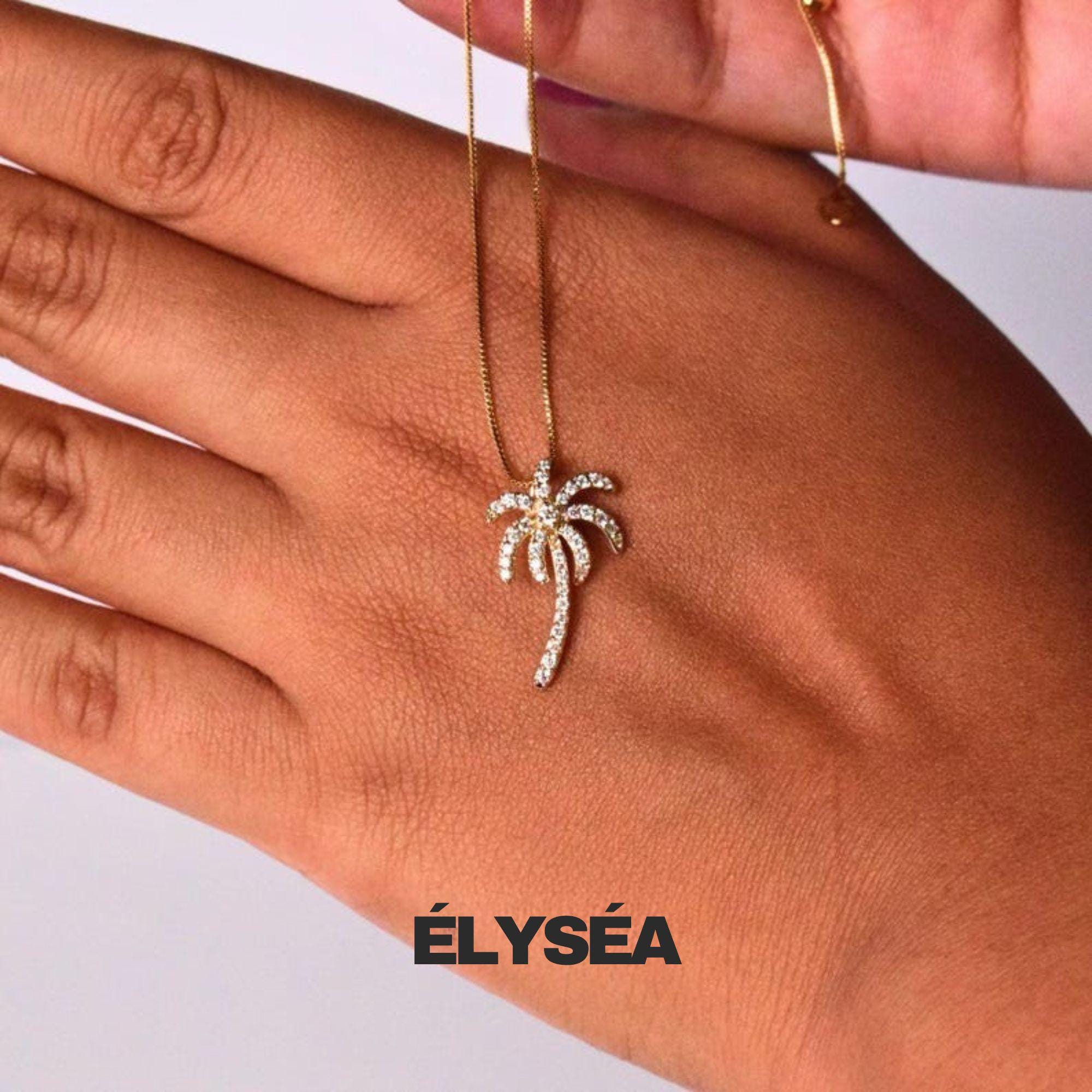 14K Solid Gold Diamond Palm Tree Pendant Necklace, Gift for Mother, Wife, Daughter