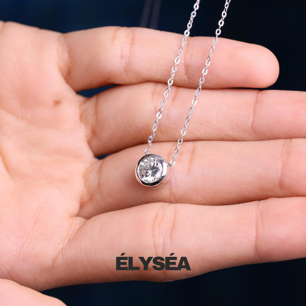 14K Gold Attached Lab Grown Diamond Solitaire Necklace, Beautiful White Diamonds