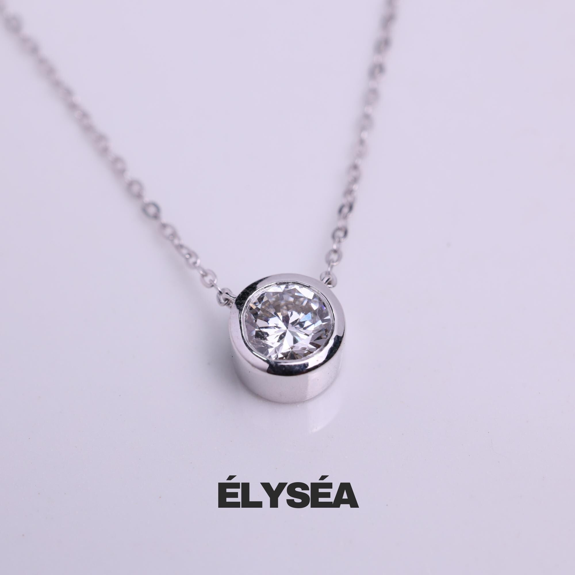 14K Gold Attached Lab Grown Diamond Solitaire Necklace, Beautiful White Diamonds