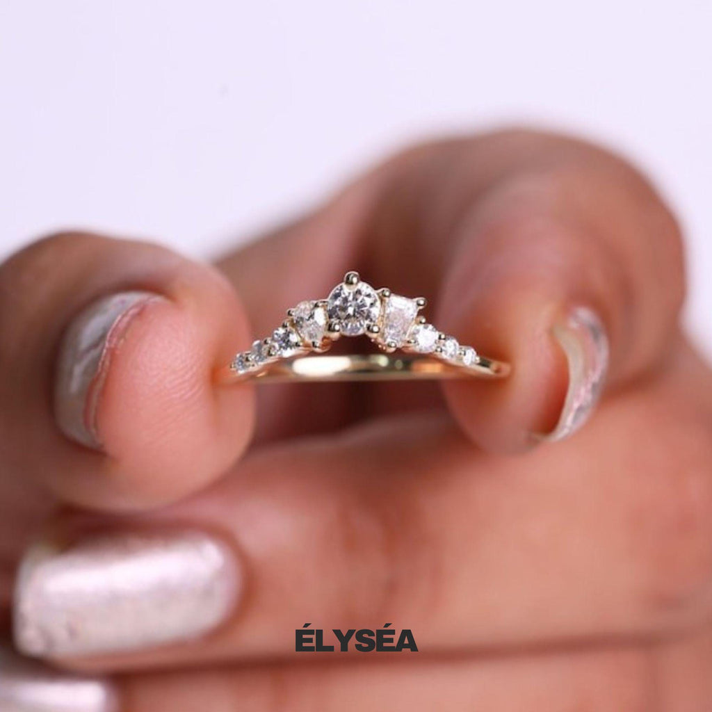 14K Gold Multi Shaped Lab Diamond Curved Wedding Band