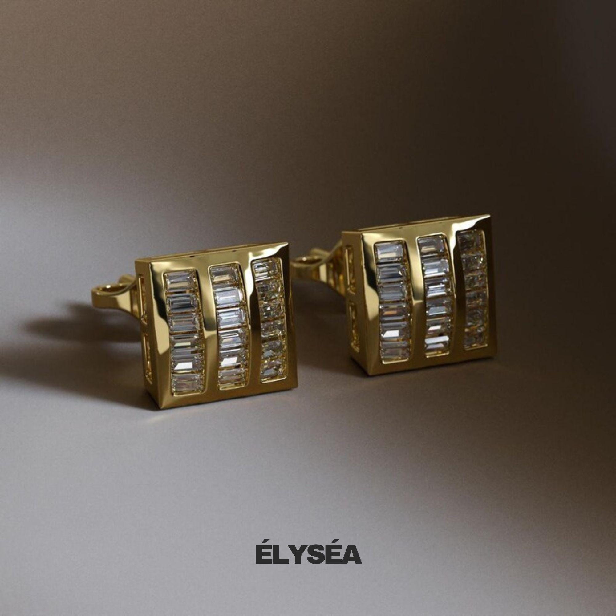 14k Gold Baguette Diamond Stud Earrings: Dainty Cluster Design