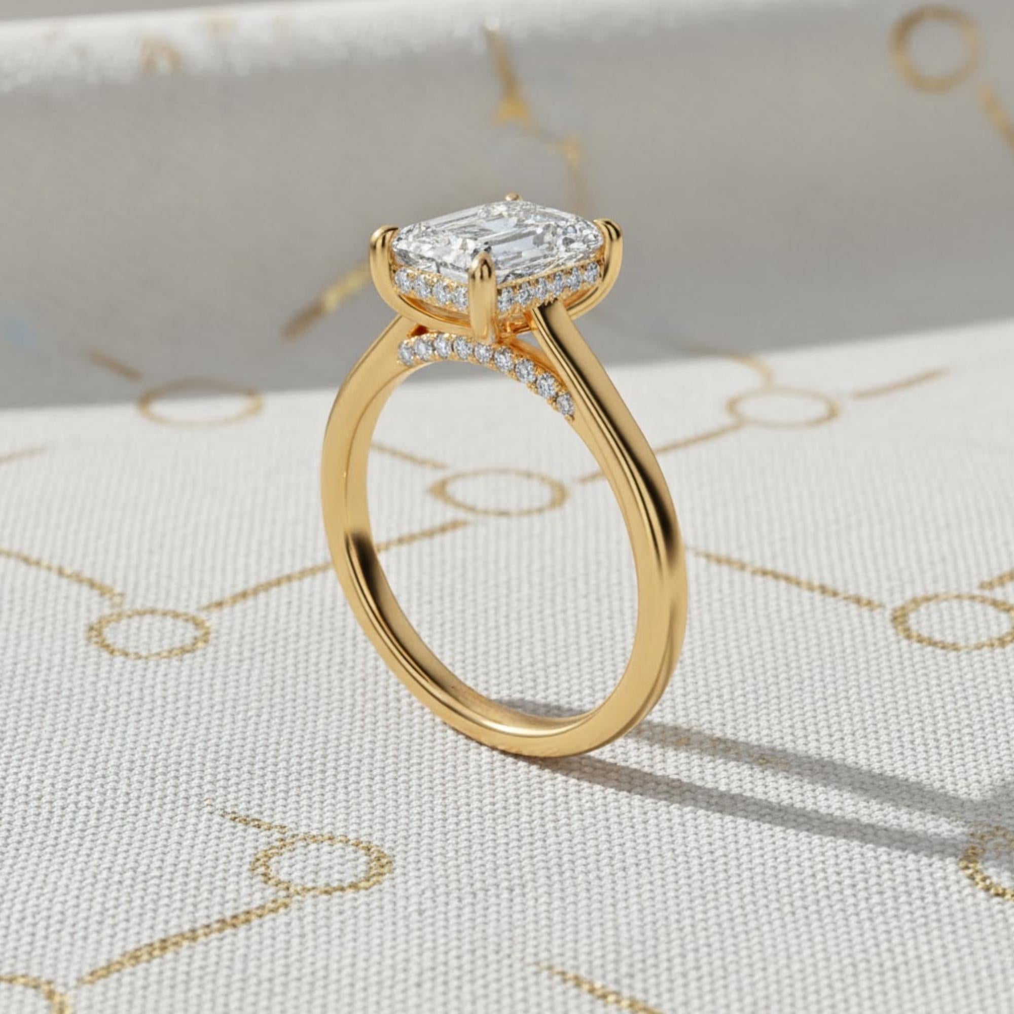 14K Gold Emerald Cut Lab Grown Diamond Engagement Ring – Hidden Halo, IGI Certified