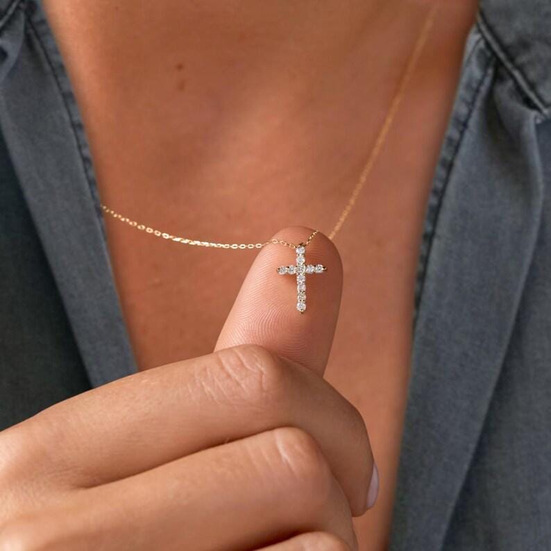 14K Solid Gold Diamond Cross Necklace: Religious Baptism Gift
