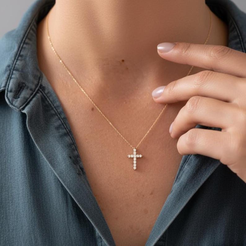 14K Solid Gold Diamond Cross Necklace: Religious Baptism Gift