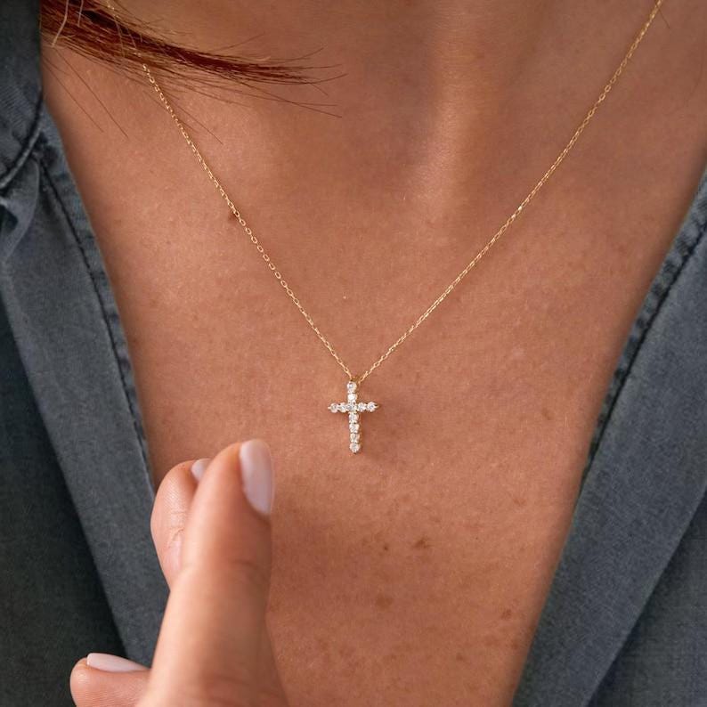 14K Solid Gold Diamond Cross Necklace: Religious Baptism Gift