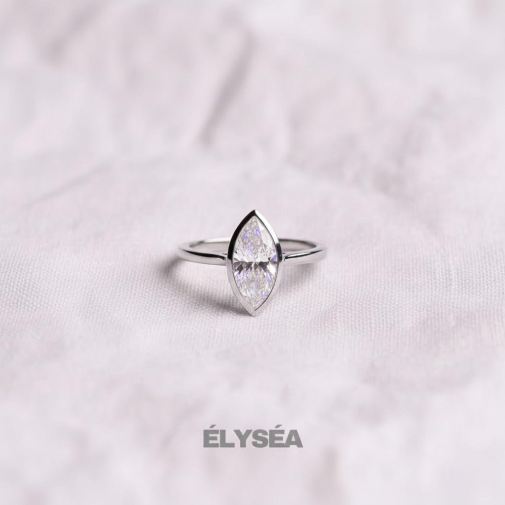 14K Gold Marquise Lab Created Diamond Bezel Set Ring / Split Shank Engagement Ring