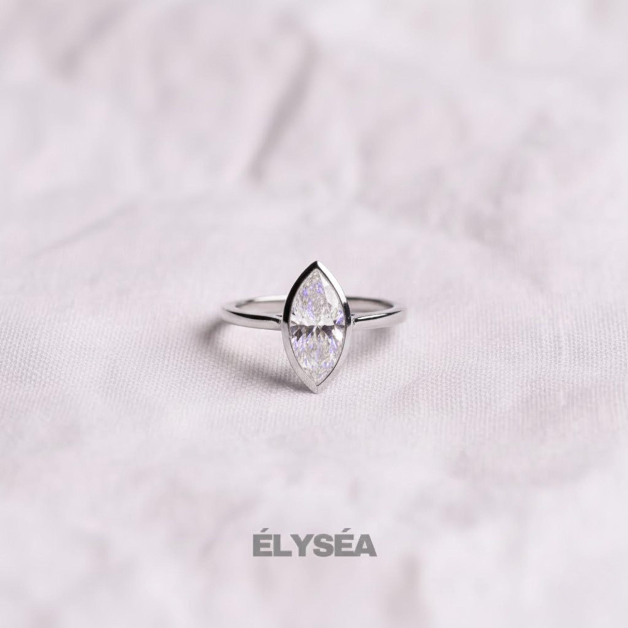 14K Gold Marquise Lab Created Diamond Bezel Set Ring / Split Shank Engagement Ring