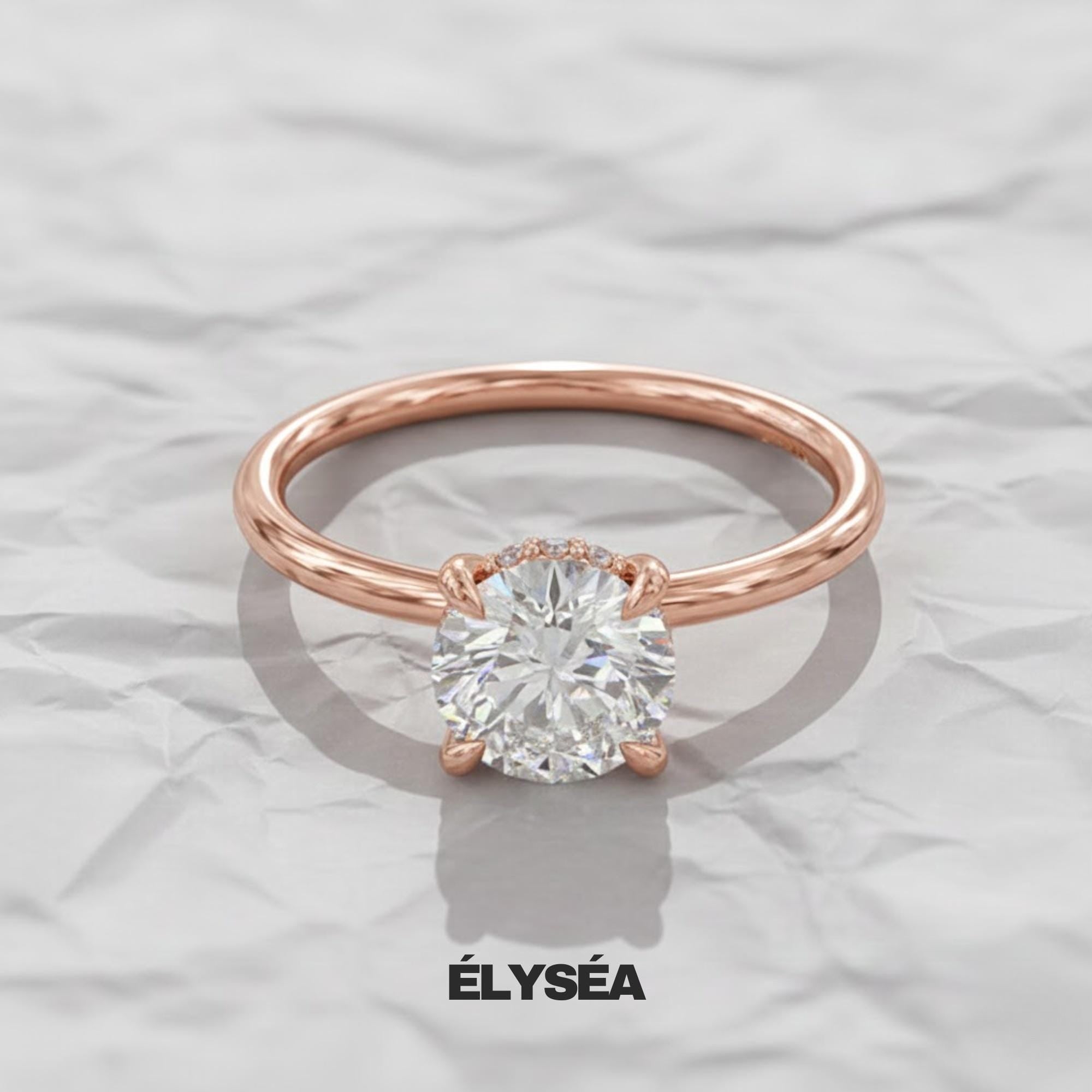 1 CT Solitaire Round Lab Grown Diamond With Hidden halo Engagement ring, 14K Solid Gold Ring