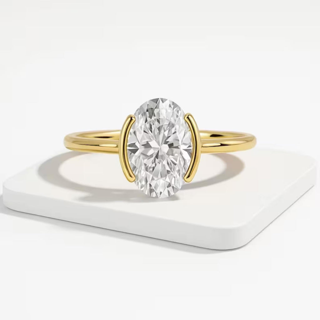 2 Carat Oval Lab Grown Diamond Half Bezel Solitaire Ring / 14K Gold Unique Oval Diamond Ring, Dainty Engagement Ring