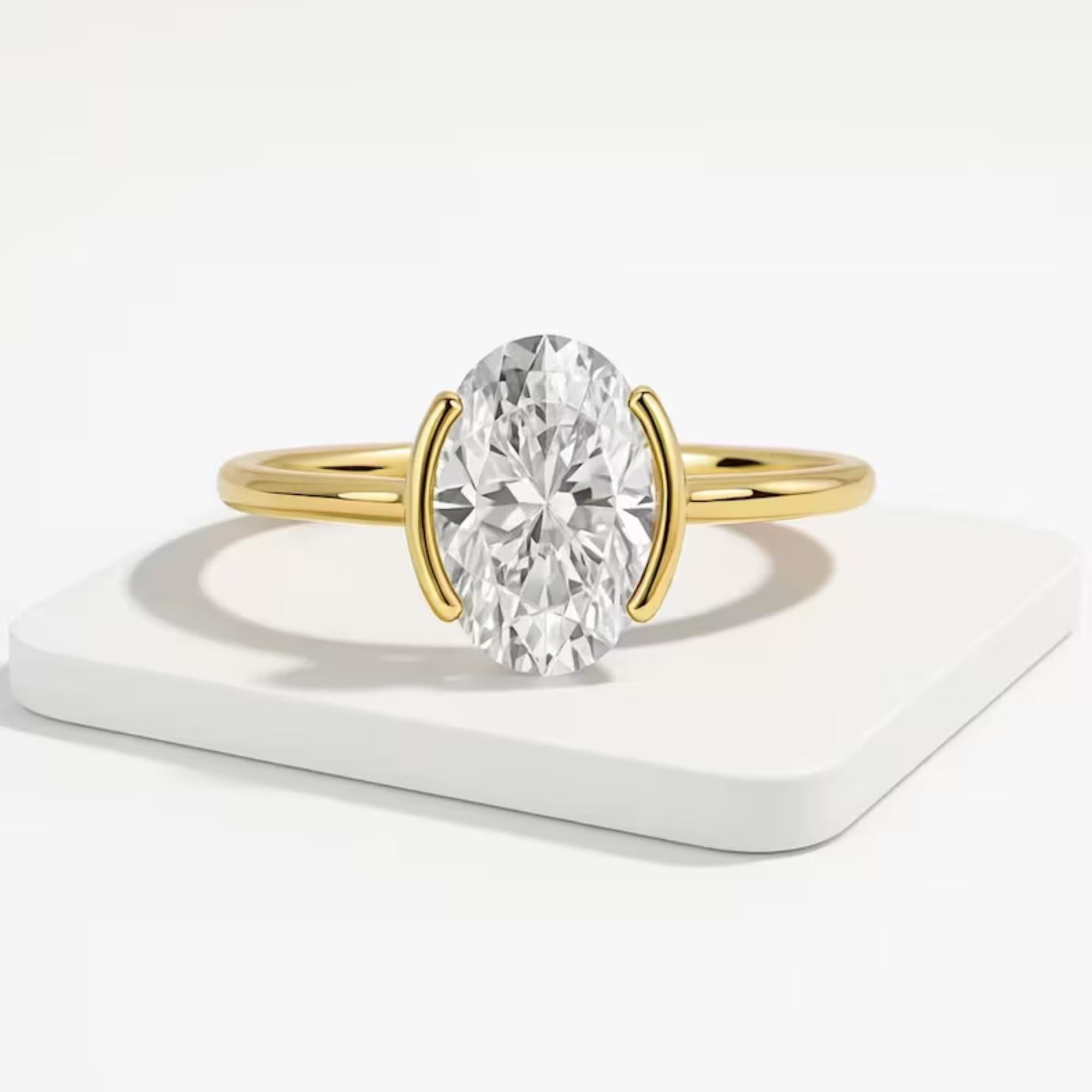 2 Carat Oval Lab Grown Diamond Half Bezel Solitaire Ring / 14K Gold Unique Oval Diamond Ring, Dainty Engagement Ring