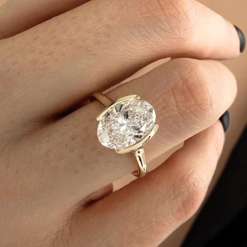 2 Carat Oval Lab Grown Diamond Half Bezel Solitaire Ring / 14K Gold Unique Oval Diamond Ring, Dainty Engagement Ring