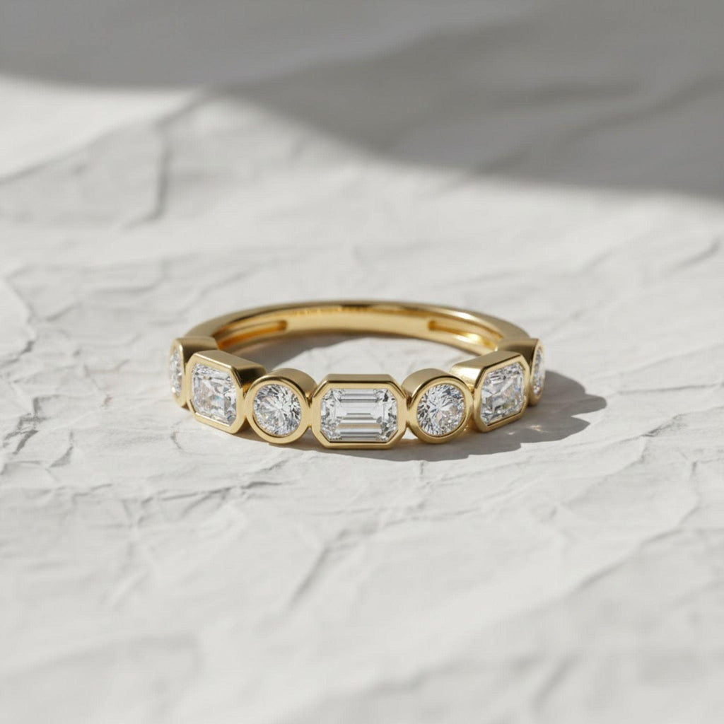 14K Gold 0.95 ctw Emerald & Round Cut Bezel Set Half Eternity Lab Grown Diamond Wedding Band