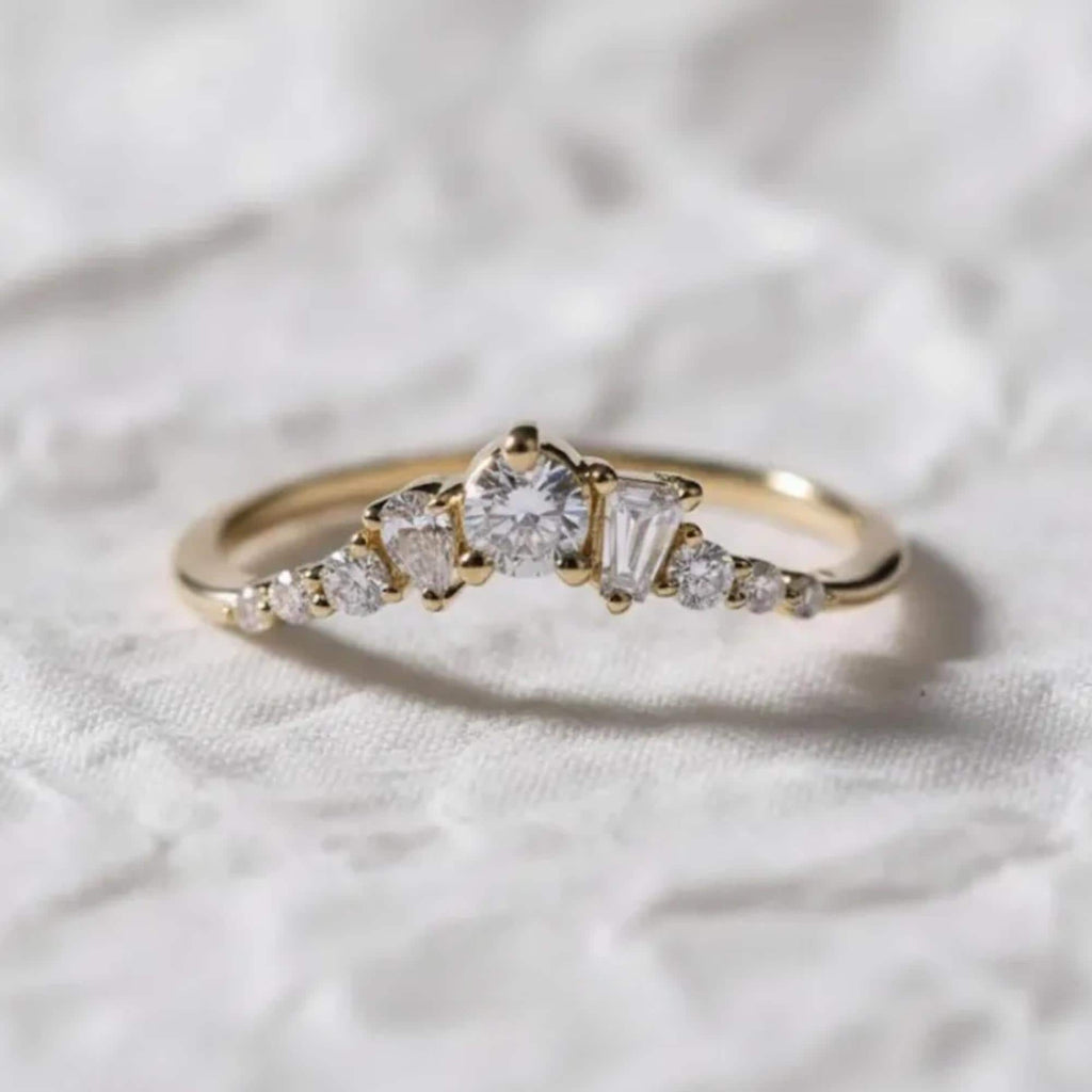 14K Gold Multi Shaped Lab Diamond Curved Wedding Band