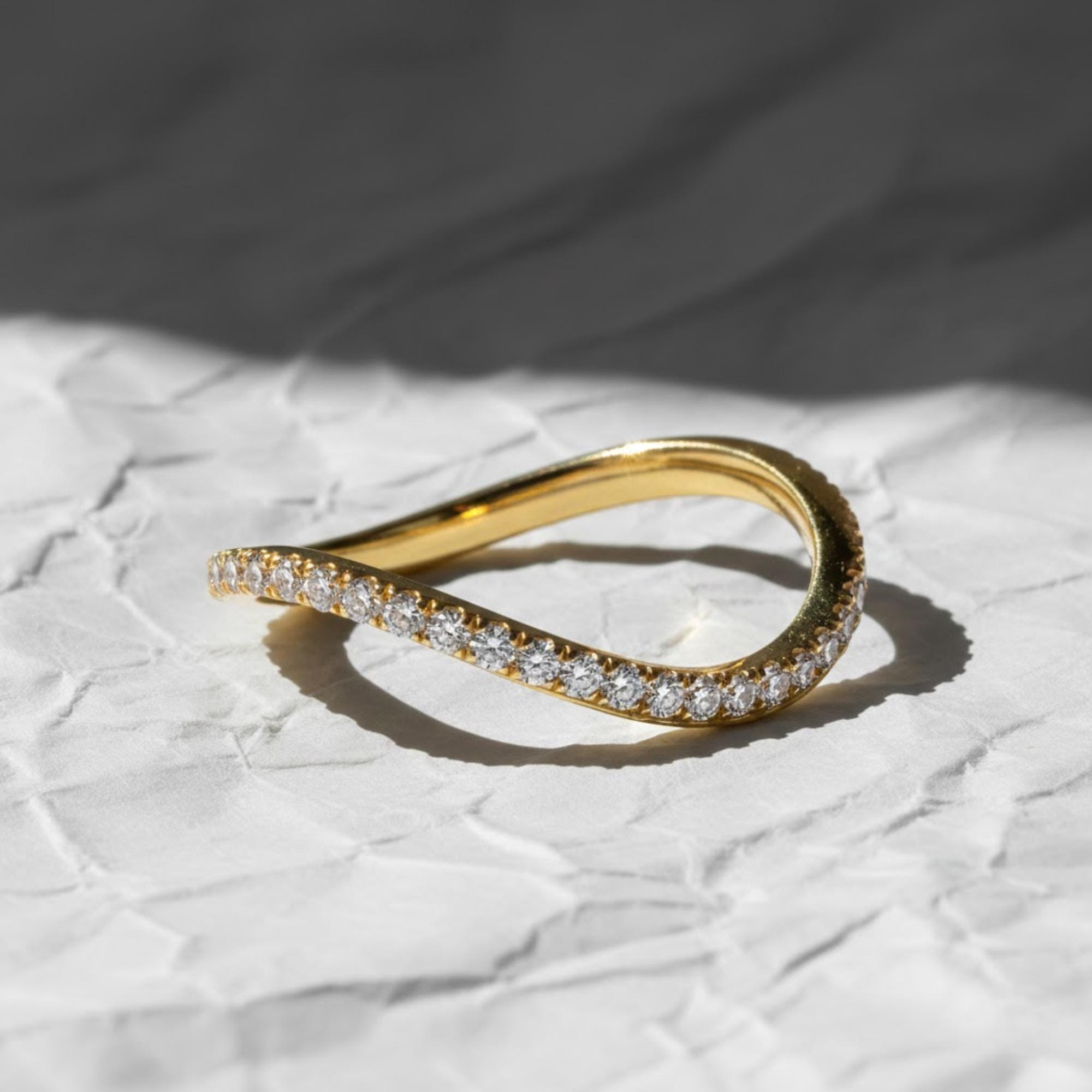 14K Solid Gold Lab Grown Diamond Wedding Band, Minimalist Curve Half Eternity Ring