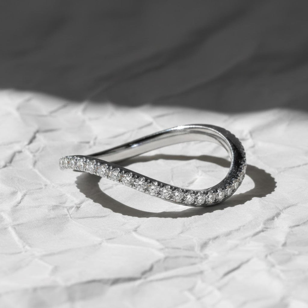 14K Solid Gold Lab Grown Diamond Wedding Band, Minimalist Curve Half Eternity Ring
