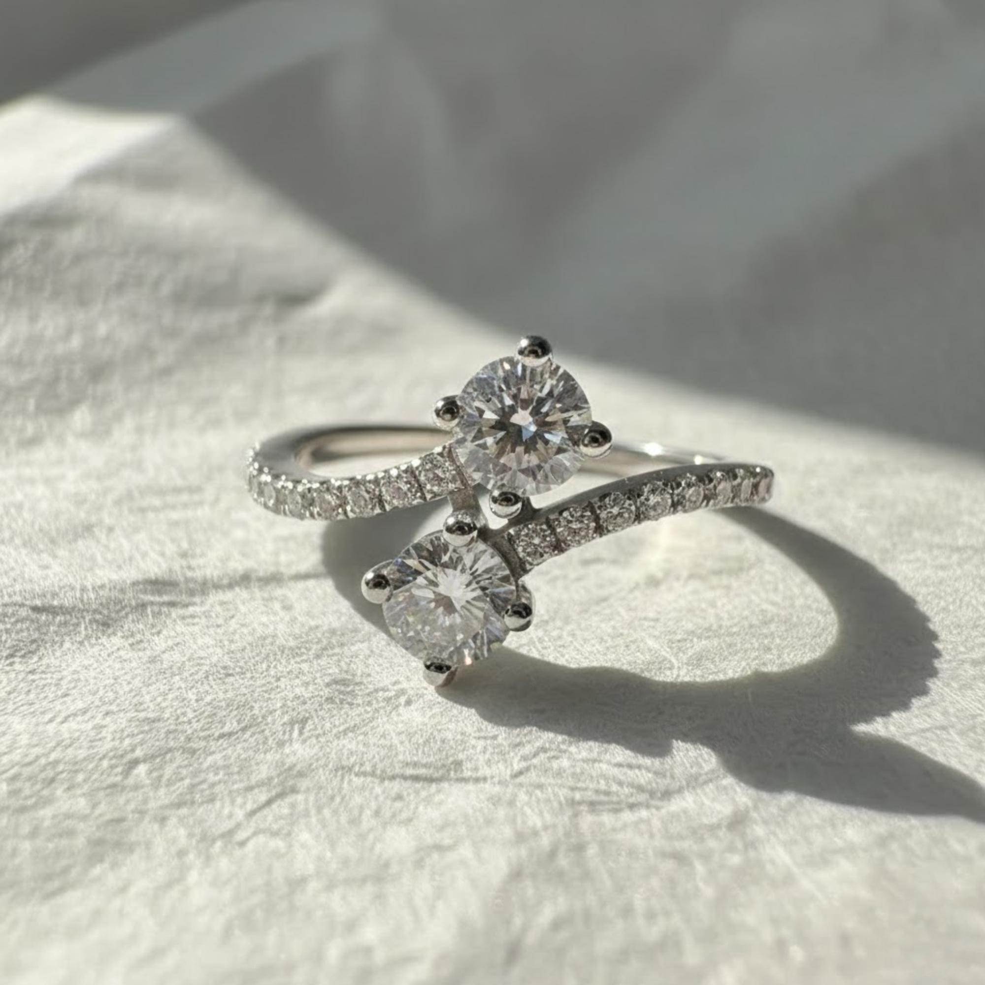 Dainty Bypass Round Diamond Anniversary Ring, Two Stone Forever Lab Grown Diamond Ring