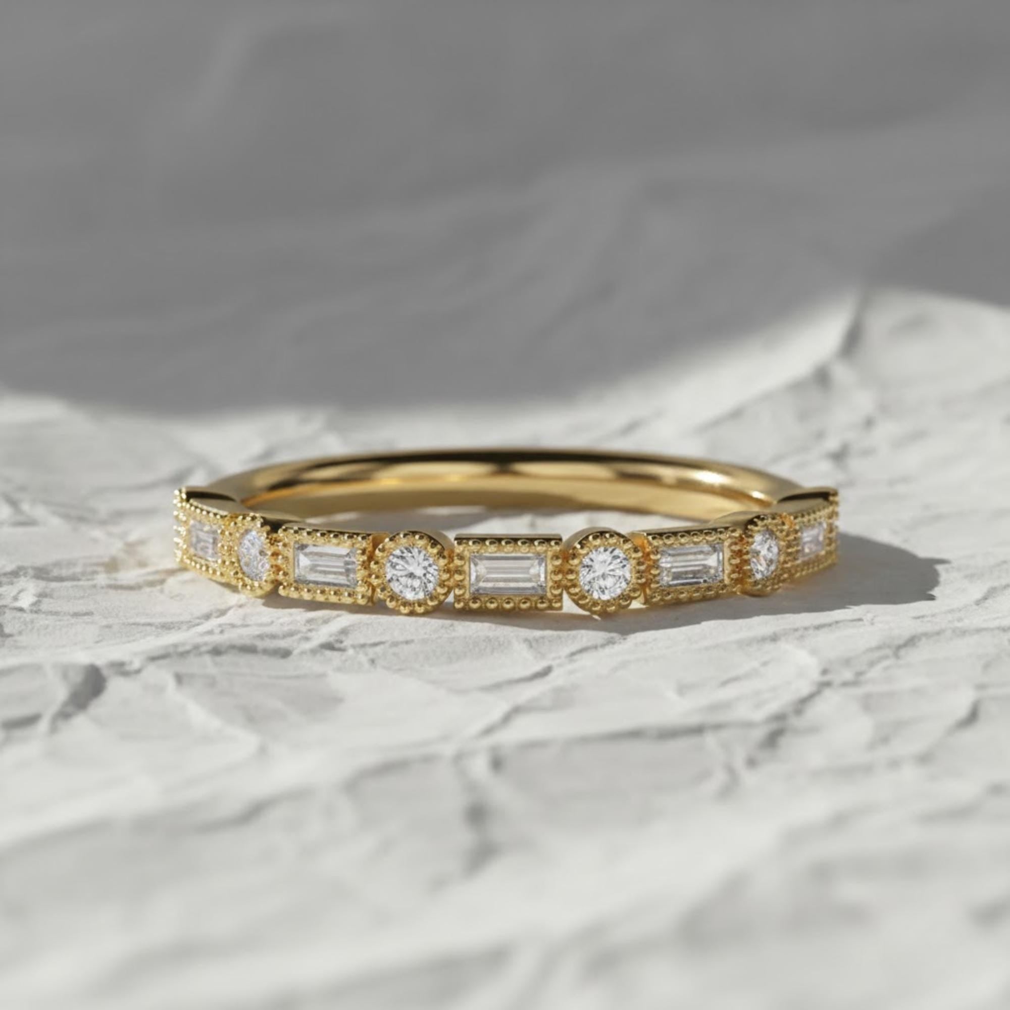 14k Gold Baguette & Round Lab Grown Diamond Ring: Milgrain Bezel Half Eternity
