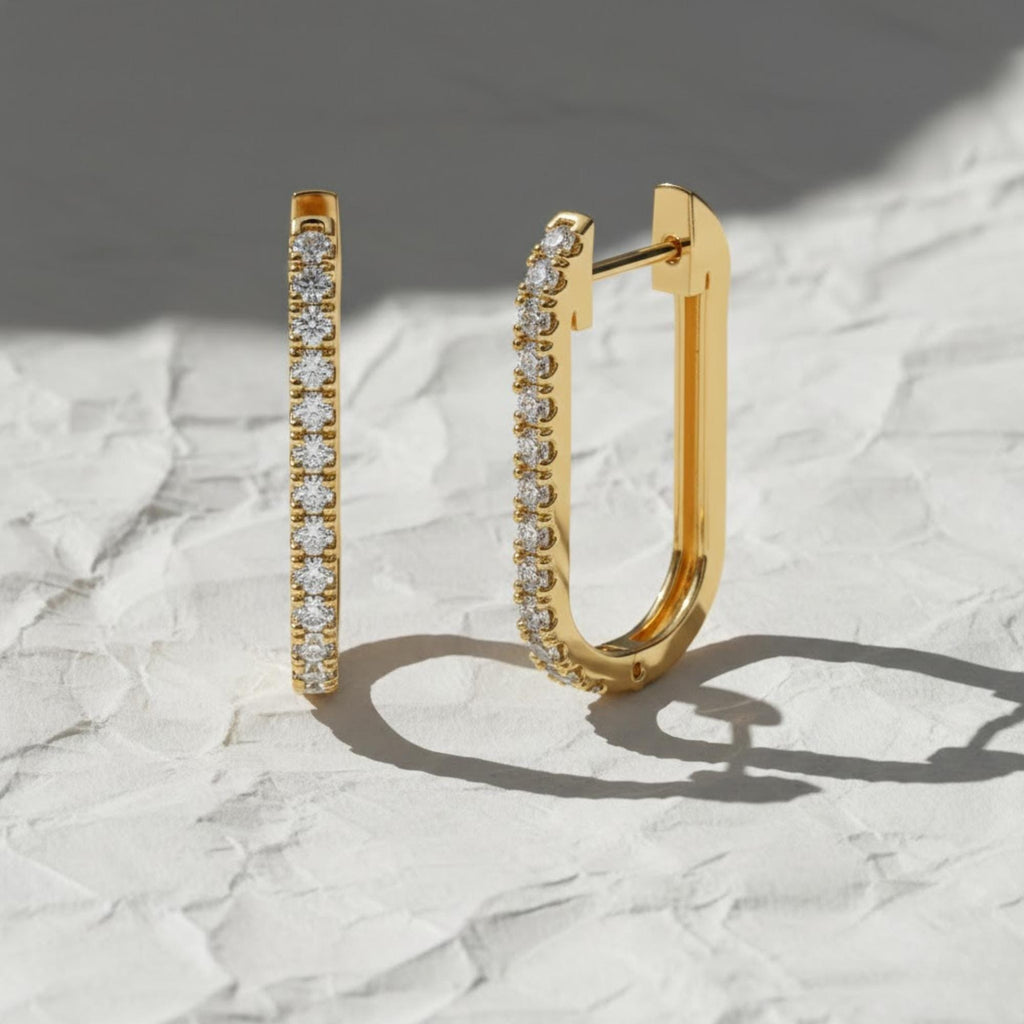 14K Gold Diamond Huggie Earrings, Lab Grown Diamond Paperclip Hoop Earrings